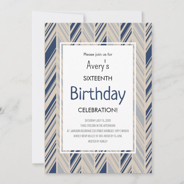 Invitation Simple Anniversaire Chevron Bleu (Devant)