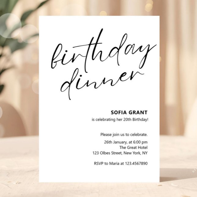 Invitation Simple Anniversaire Dîner Unisexe Noir et Blanc (birthday dinner invitations, adult birthday dinner invites, any age, womens or mens birthday dinner,)