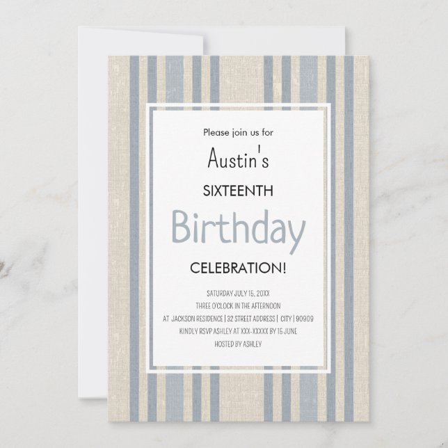 Invitation Simple Anniversaire Rayé Bleu (Devant)
