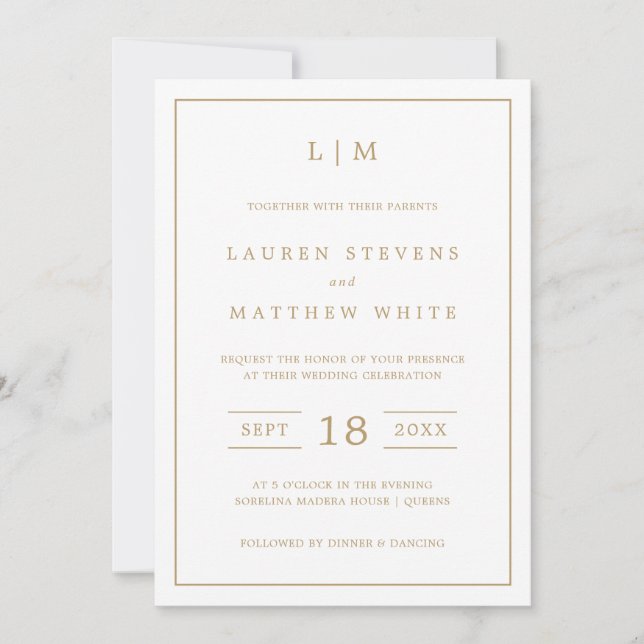 Invitation Simple Antique Or Monogramme Mariage élégant (Devant)