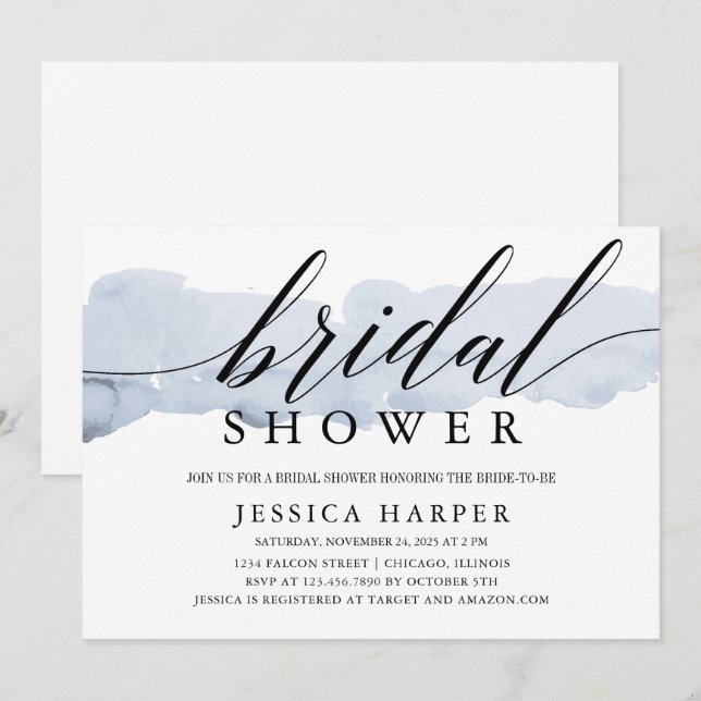Invitation Simple aquarelle bleu calligraphie nuptiale (Devant / Derrière)