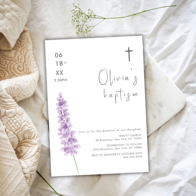 Invitation Simple aquarelle Lavender Fleur Croix Baptême (Simple Watercolor Lavender Flower Cross Baptism Invitation)