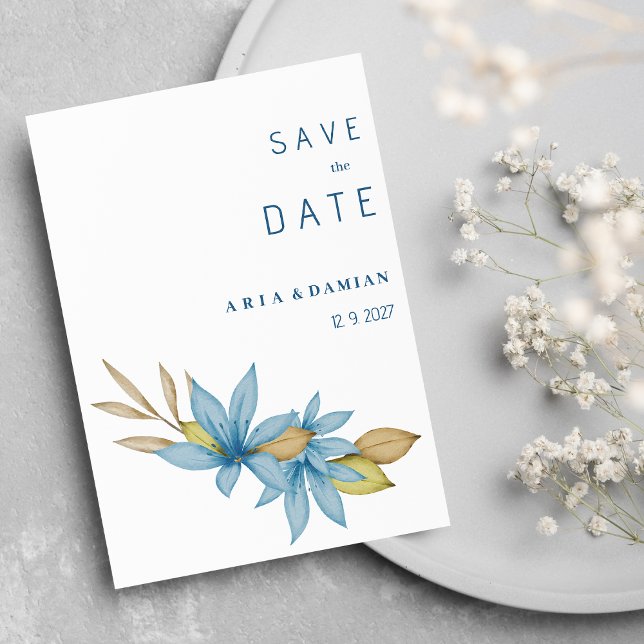 Invitation Simple aquarelle marron bleu floral Enregistrer la (Simple watercolor brown blue floral Save the Date)