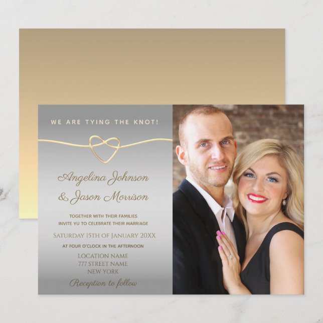 Invitation Simple Argent et Or Photo Mariage (Devant / Derrière)
