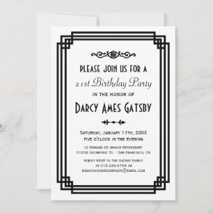 Invitation Simple Art Déco fête d'anniversaire blanche et noi