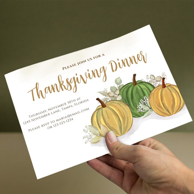 Invitation Simple automne Feuillage d'automne Citrouille Than (Thanksgiving watercolor gourds with watercolor greenery foliage. )