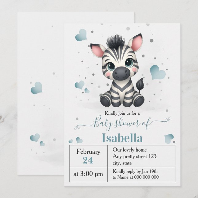 Invitation Simple baby shower mignon petit zèbre (Devant / Derrière)