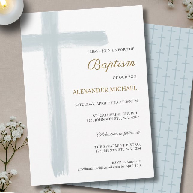 Invitation Simple Baptême de Garçon Croix Bleu Poussiéreux (Créateur téléchargé)