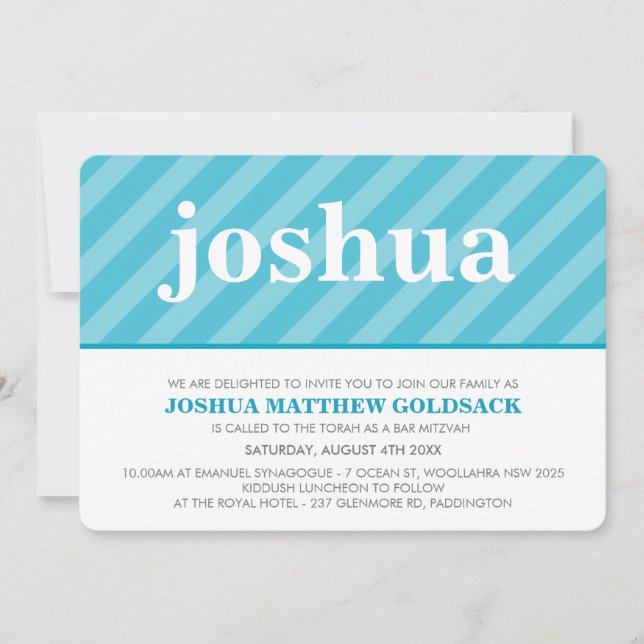 Invitation SIMPLE BAT MITZVAH mignon rayure motif aqua bleu (Devant)