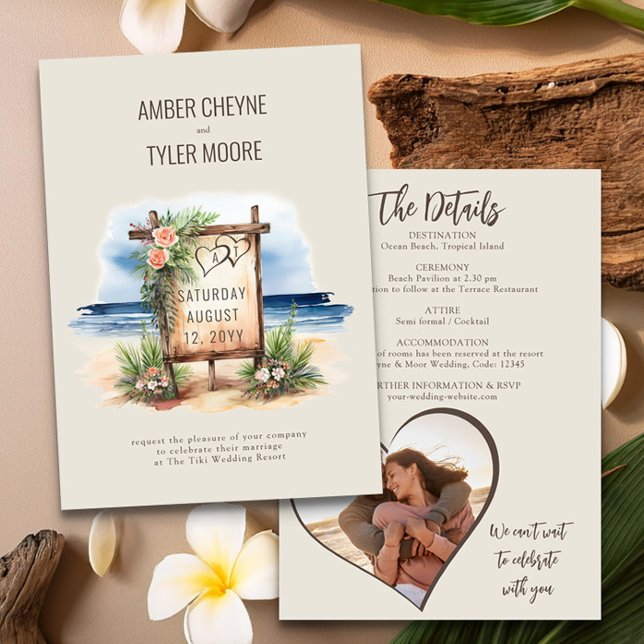 Invitation Simple Beach Watercolor Détails et photo du Mariag (Wedding Invitation with Photo & Details from the Sunset Beach Wedding Collection by Darling & May)