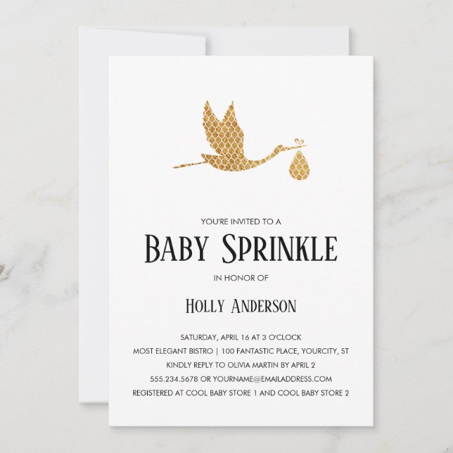 Invitation Simple bébé saupoudrer Preppy Gold Stork w Bundle (Devant)