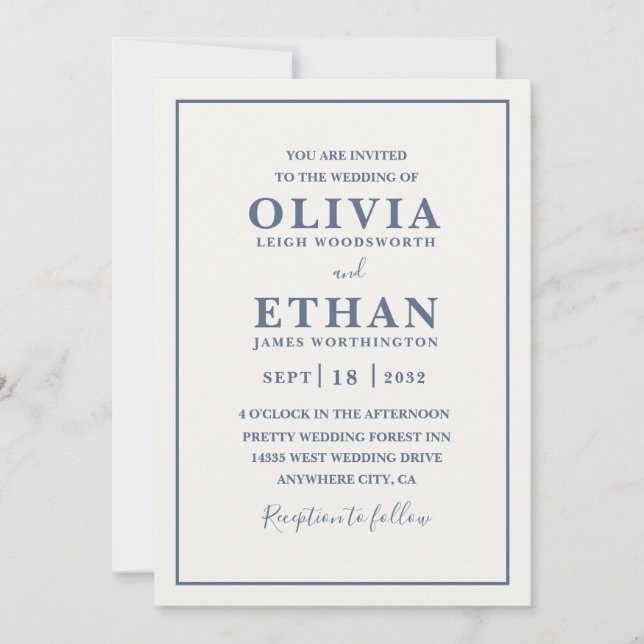 Invitation Simple Beige Dusty Blue Minimalist Border Wedding  (Devant)