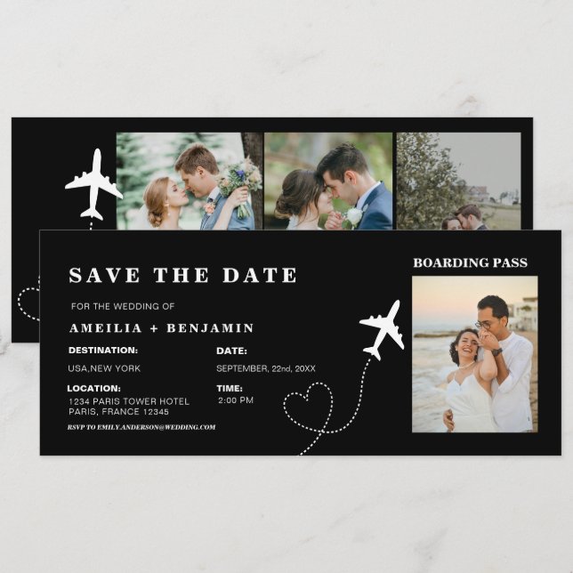 Invitation Simple billet d'avion pour mariage de destination  (Devant / Derrière)