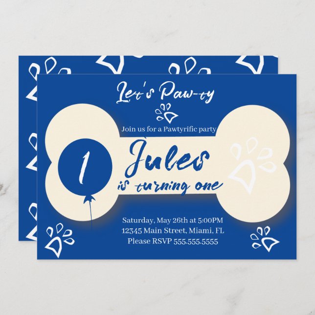 Invitation Simple Birthday Chien Os Paw Party Blue (Devant / Derrière)