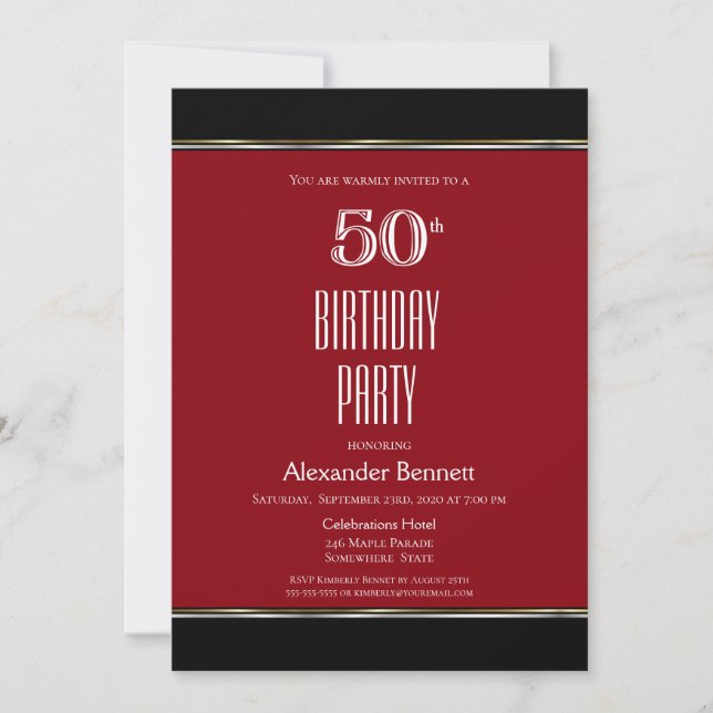 Invitation Simple Black and Red 50th Birthday Party (Devant)