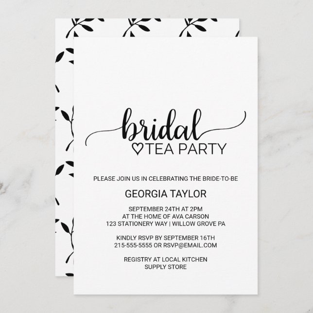Invitation Simple Black Calligraphy Bride Tea Party (Devant / Derrière)