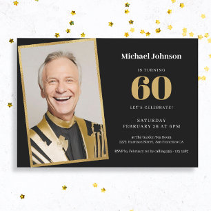 Invitation Simple Black Gold Custom Photo 60th Birthday Party