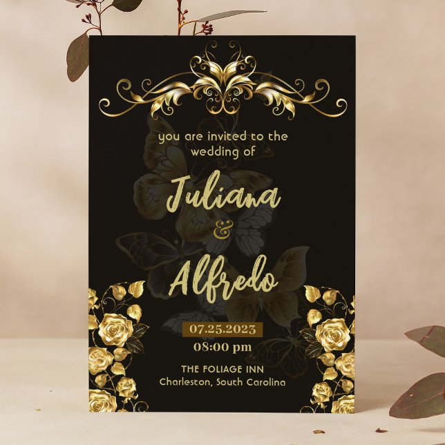 Invitation Simple Black Gold Floral Moderne & Mariage élégant (Créateur téléchargé)