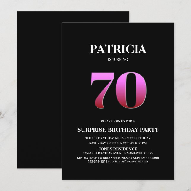 Invitation Simple Black Pink Surprise 70e anniversaire (Devant / Derrière)