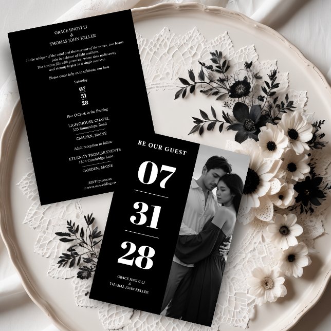 Invitation Simple Black & White Enchanting & Delicate Minimal (Simple Black & White Enchanting and Delicate Minimalist Photo Wedding Save the Dates Cards. )