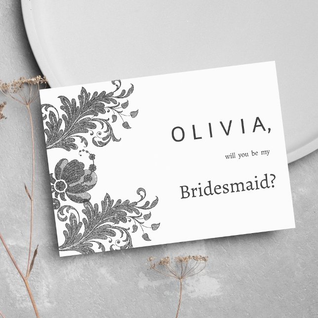 Invitation Simple black white glitter floral lace Bridesmaid (Simple black white glitter floral lace Bridesmaid )