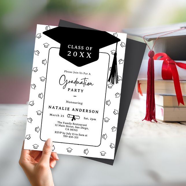 Invitation Simple Black & White Graduate Casquette Graduate P (Classy Burgundy Gold Graduate Hat Graduation Party Invitation )