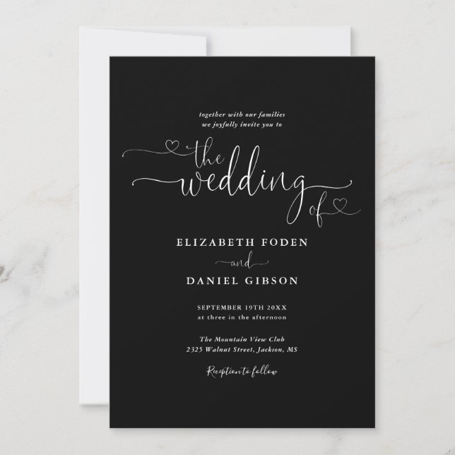 Invitation Simple Black White Hearts Script Mariage photo (Devant)