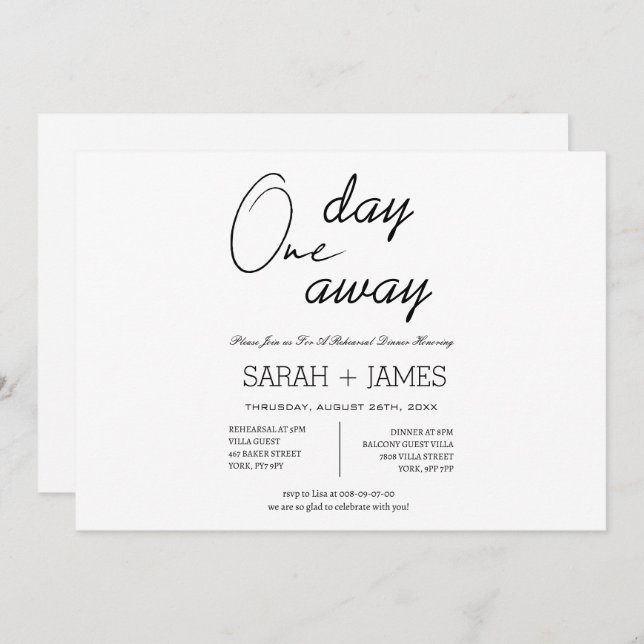 Invitation Simple Black White One Day Away Rehearsal Dinner  (Devant / Derrière)