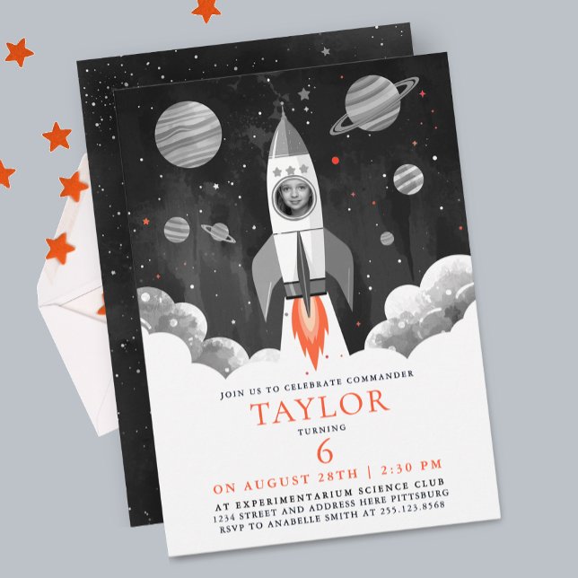 Invitation Simple Black White Rocket Ship Moon Galaxy Photo (Créateur téléchargé)
