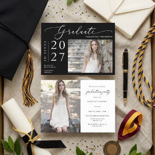 Invitation Simple Black White Script photo de la graduation d