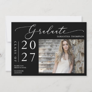 Invitation Simple Black White Script photo de la graduation d
