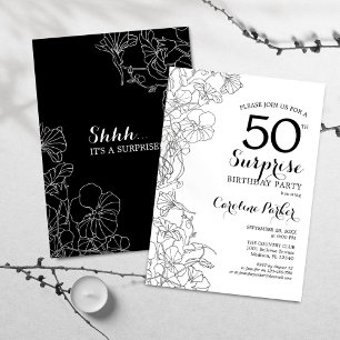 Invitation Simple Black White Surprise 50e fête d'anniversair