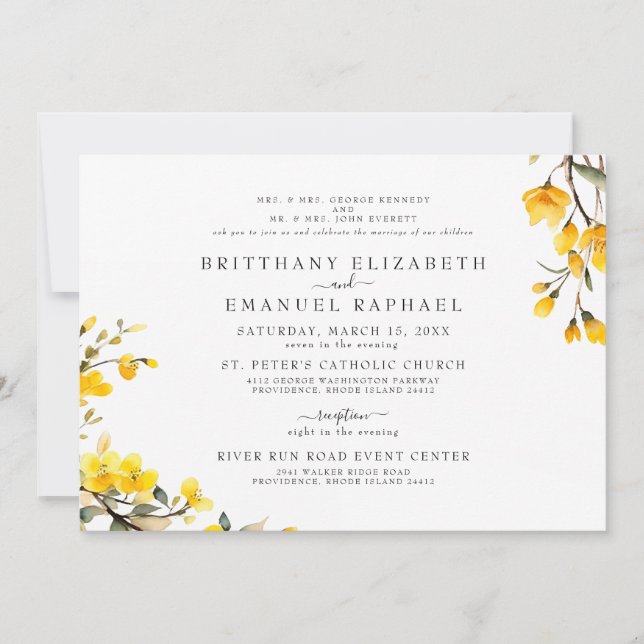 Invitation Simple Blanc Deux Parents Fleur Jaune Mariage  (Devant)