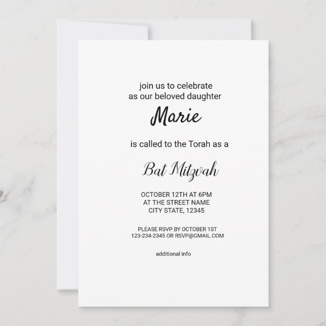 Invitation simple blanc noir classique edi bat mitzvah (Devant)