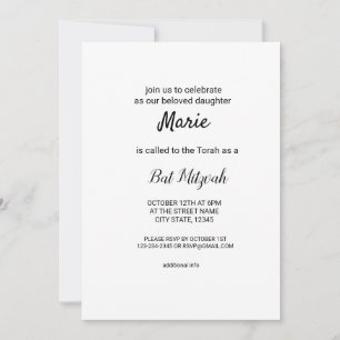 Invitation simple blanc noir classique edi bat mitzvah