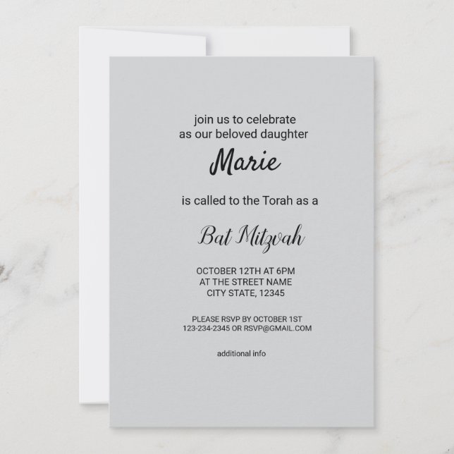 Invitation simple blanc noir classique edi bat mitzvah (Devant)