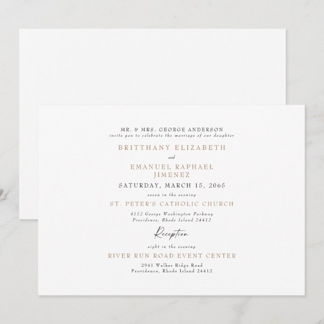 Invitation Simple Blanc & Or Mariage Parents Mariée  (Devant / Derrière)