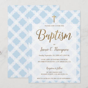 Invitation Simple Bleu Blancs Or Baptême moderne