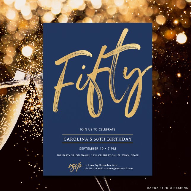 Invitation Simple Bleu Or Cinquante 50e Anniversaire (The front of the invitation is shown at a 5x7 inch size. Choose size, paper, + corner style.)