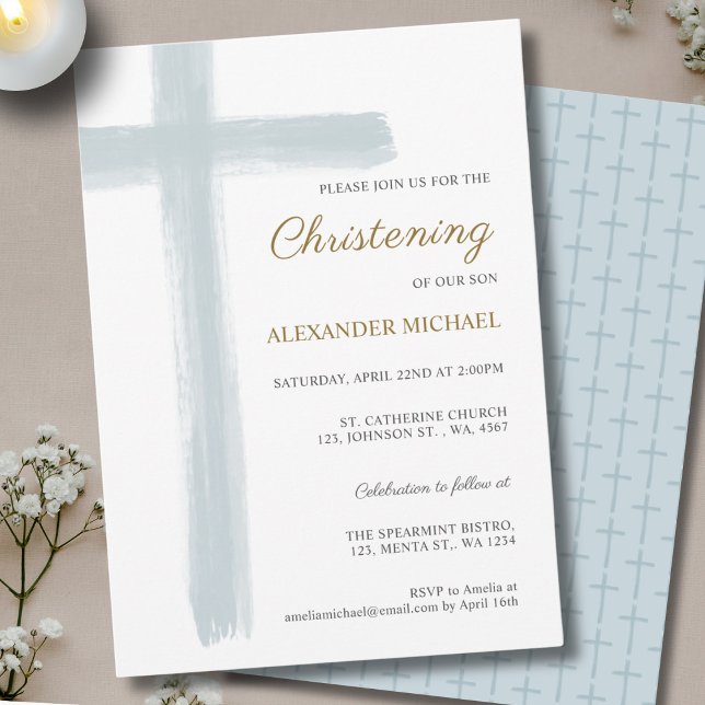 Invitation Simple Bleu Poussiéreux Croix Garçon Christening B (Créateur téléchargé)