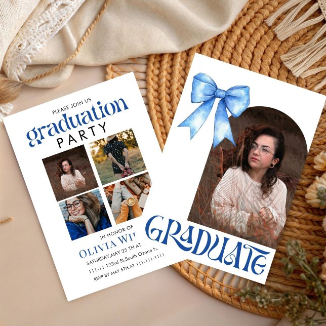 Invitation Simple Blue Bow Design Graduation with Photos (Créateur téléchargé)