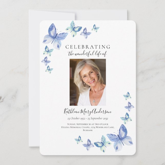 Invitation Simple Blue Butterfly Celebration of Life Invitati (Devant)