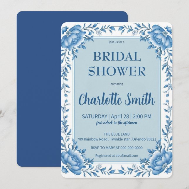 Invitation Simple Blue Chinoiserie fleurie douche nuptiale (Devant / Derrière)