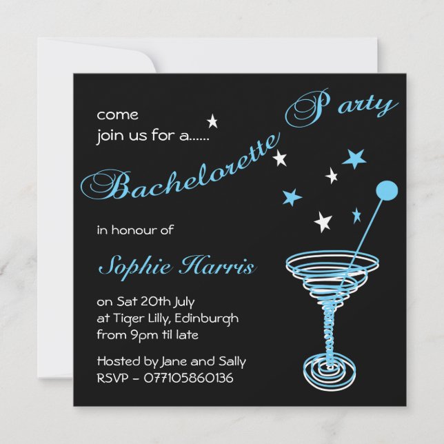 Invitation Simple Blue Martini Swirl Bachelorette Party (Devant)