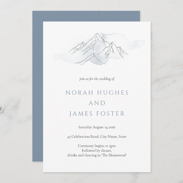 Invitation Simple Blue Watercolor Mountain Mariage naturel (Devant / Derrière)
