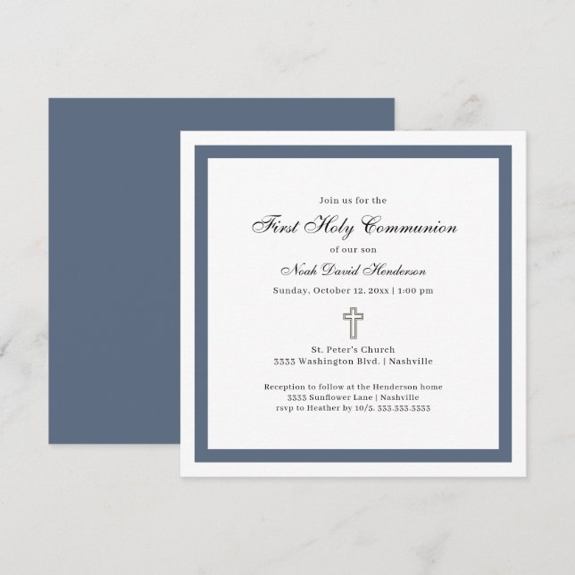 Invitation Simple Blue White First Holy Communion  (Devant / Derrière)