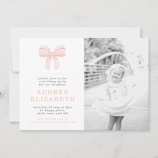 Invitation Simple Blush Coquette Bow Photo Anniversaire (Devant)