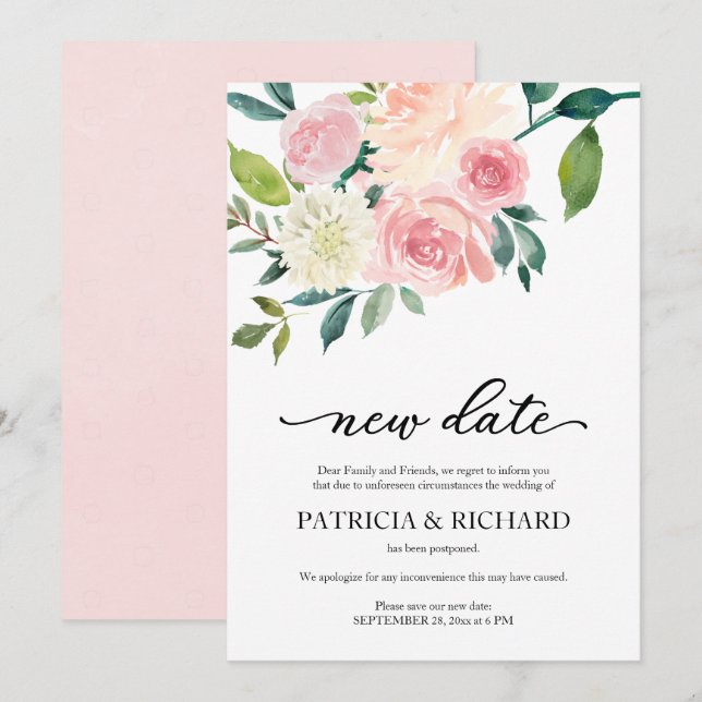 Invitation Simple Blush Floral New Date Mariage Postponction (Devant / Derrière)