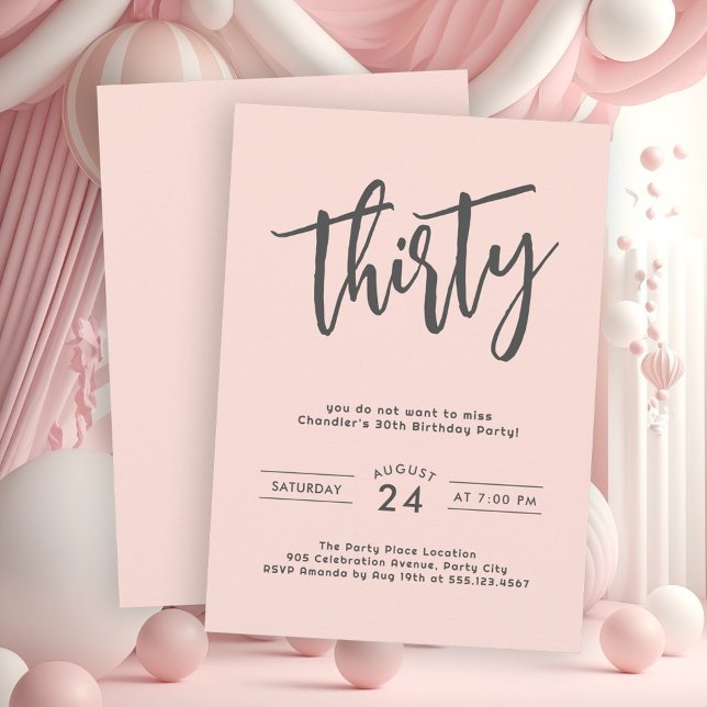 Invitation Simple Blush Pink 30e fête d'anniversaire (Get your party started with this stylish and simple blush pink birthday party invite.)