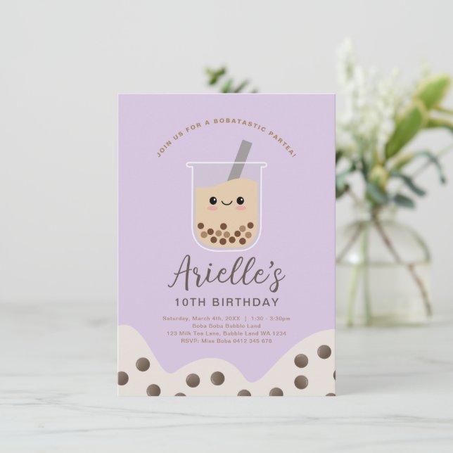 Invitation Simple Boba Bubble Lait Thé pourpre Anniversaire (Debout devant)